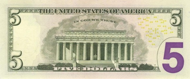 Купюра (новая) номиналом 5 долларов США, обратная сторона